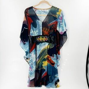 ✅Meghan Fabulous Colorful Printed Embroidered Sheer Caftan/ Swim Cover Up Size S